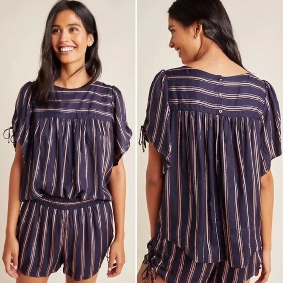 Anthropologie Cameron Navy & Rose Gold Metallic Stripe Sleep Short Set Sz Small - Picture 1 of 8